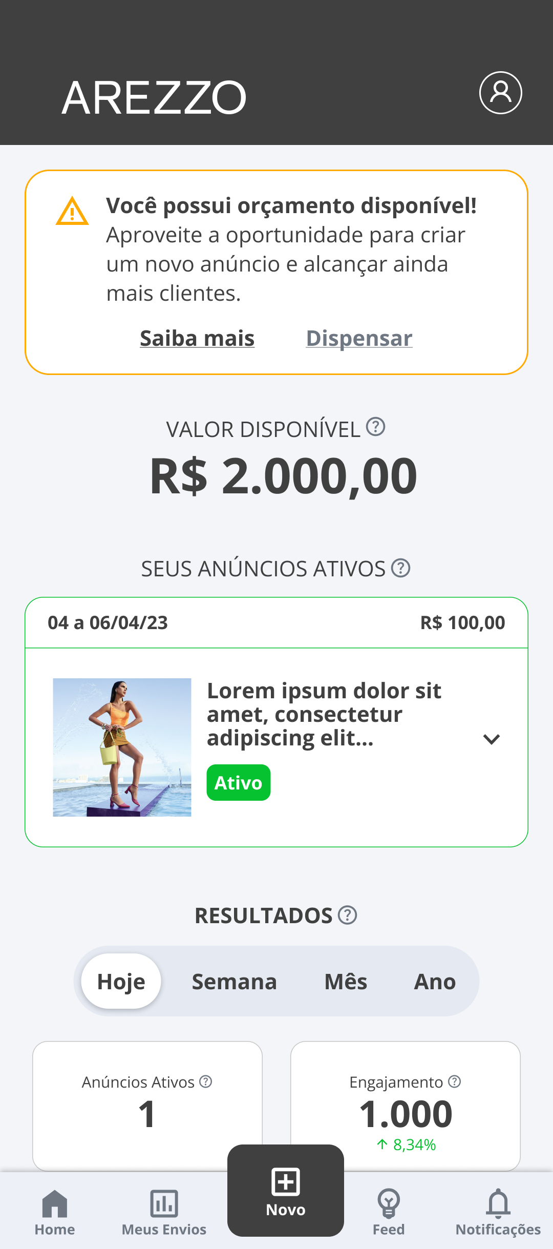 New app on mobile — Store Owner home with available budget banner, available balance, and an active ad with inline results