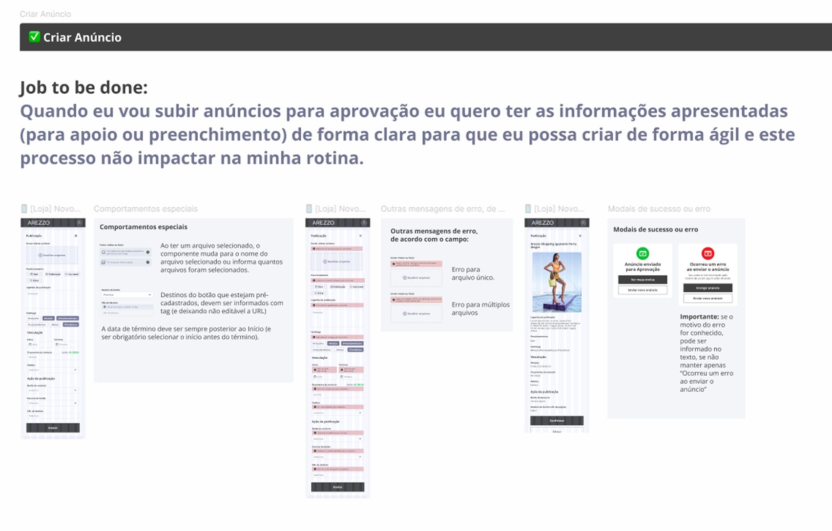Handoff document for the Create Ad flow — Job to be Done at the top, wireframes annotated with special behaviors, per-field error messages, and success/error modals