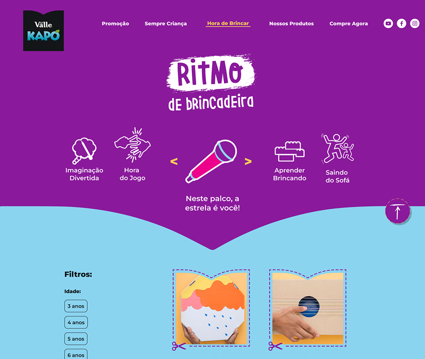 'Ritmo de Brincadeira' category redesigned — category-specific color and illustration, navigation across the 5 categories, and age filters