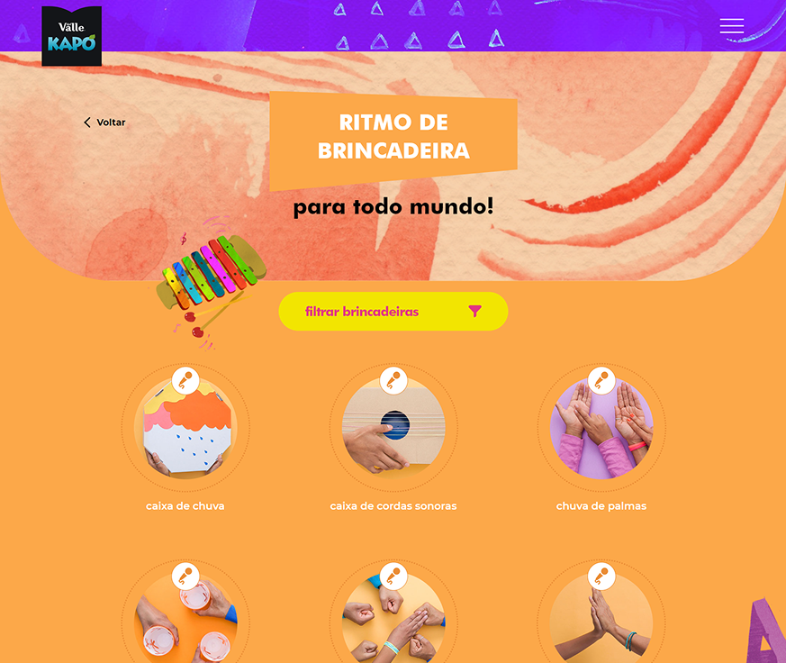 'Ritmo de Brincadeira' category before — activity grid with no category-specific visual identity