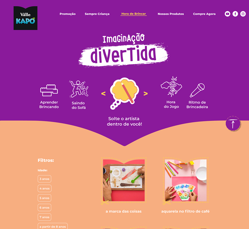 "Imaginação Divertida" category — orange background, purple hero with navigation between categories, and an activity grid with real photos and age filters