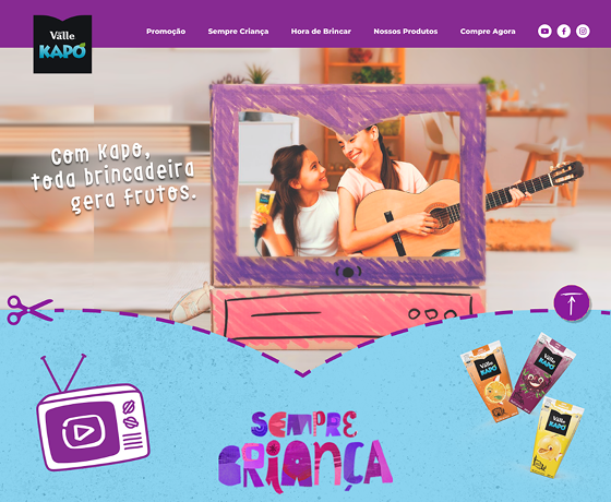 Redesigned site — 'Com Kapo, toda brincadeira gera frutos' hero with cut-paper frame