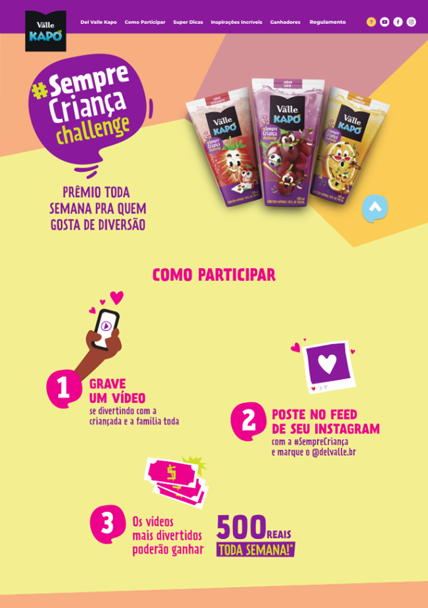 Redesigned microsite — Sempre Criança Challenge home with the new campaign identity