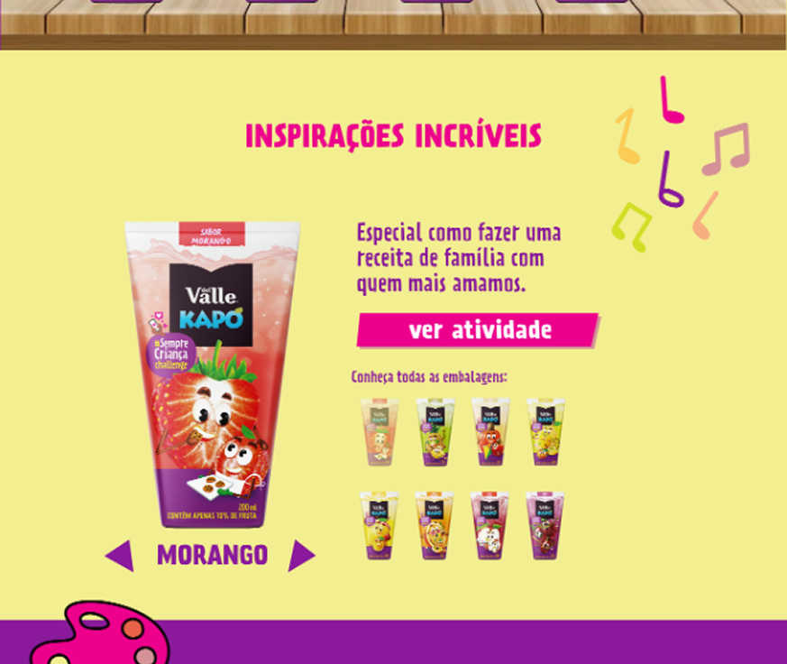 Flavor selector on the campaign microsite, Inspirações Incríveis section — picking a flavor suggests a family activity/recipe