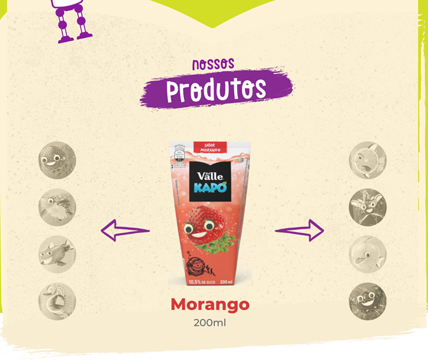 Product selector on the homepage — character-selection-style carousel with Strawberry active and centered, other flavors desaturated on the sides