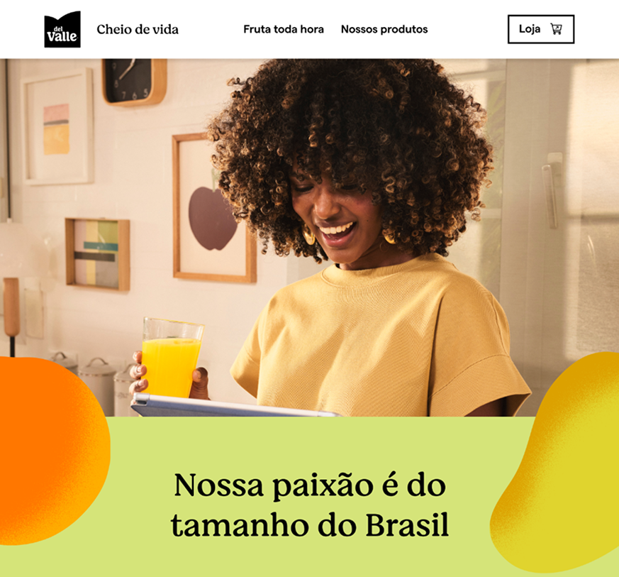 Fruta toda hora page — lifestyle hero with the 'Nossa paixão é do tamanho do Brasil' value proposition