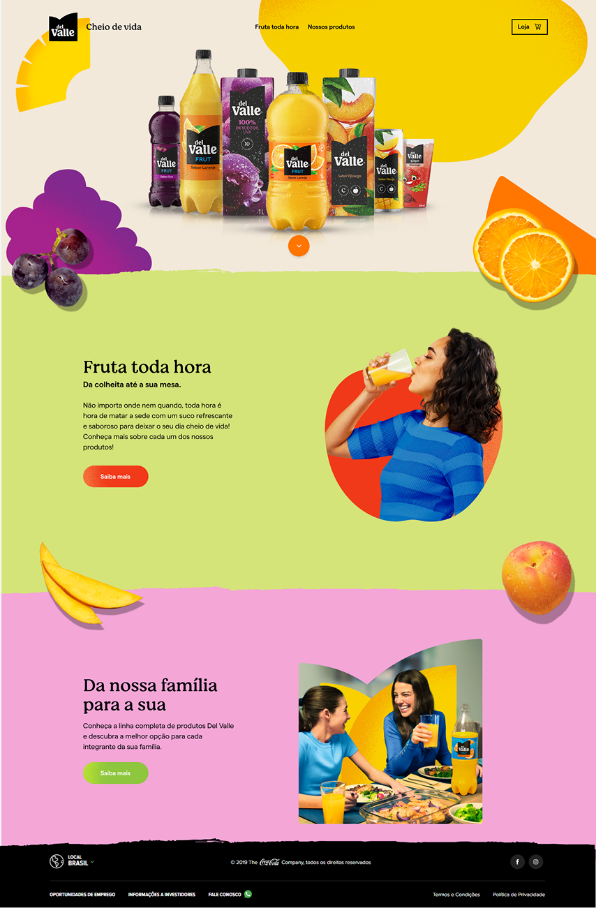 Redesigned site — new 'Cheio de vida' identity with colorful organic blobs per section and cut-out real fruit