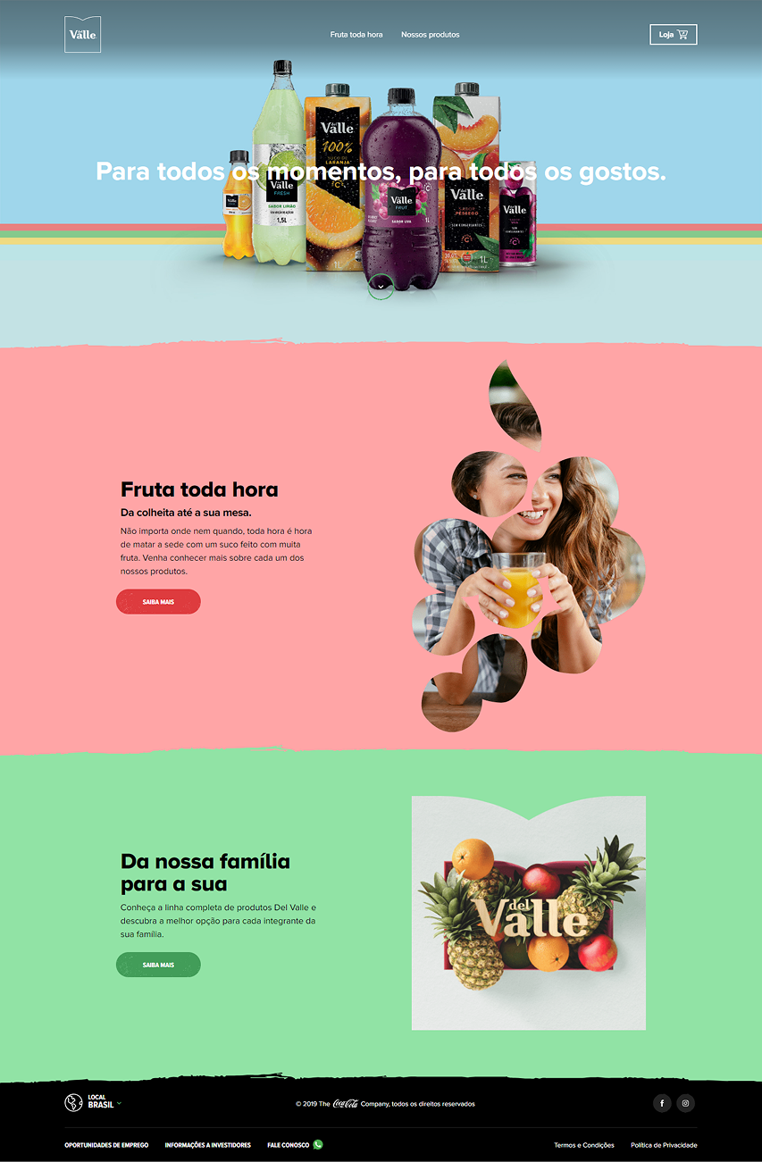 Previous site — old visual identity, 'Fruta toda hora' and 'Da nossa família para a sua' sections with circular photo collage