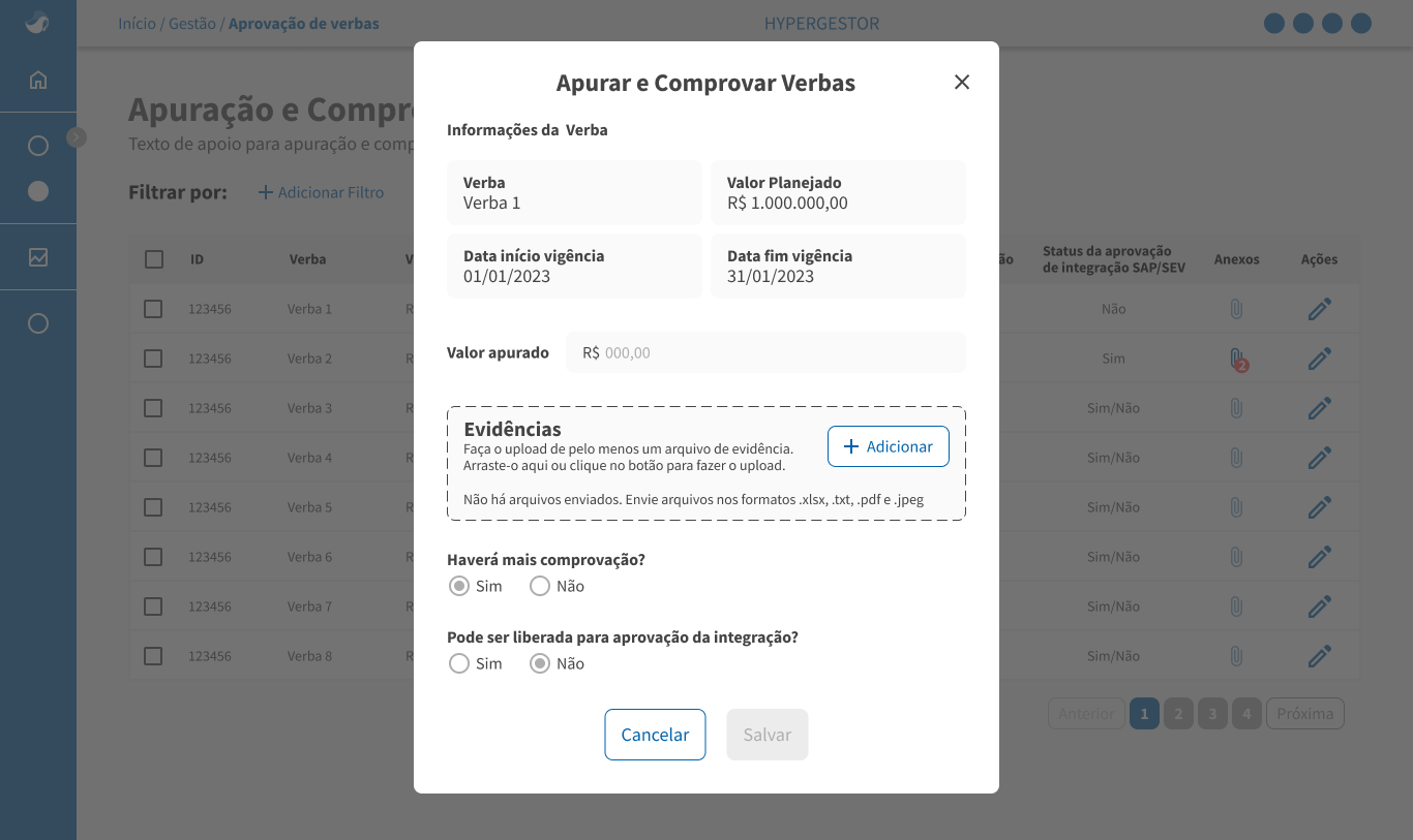 Verify and Prove Funds modal — read-only Planned Value next to the Audited value field, evidence upload, and the 'Can it be released for integration approval?' toggle defaulting to No