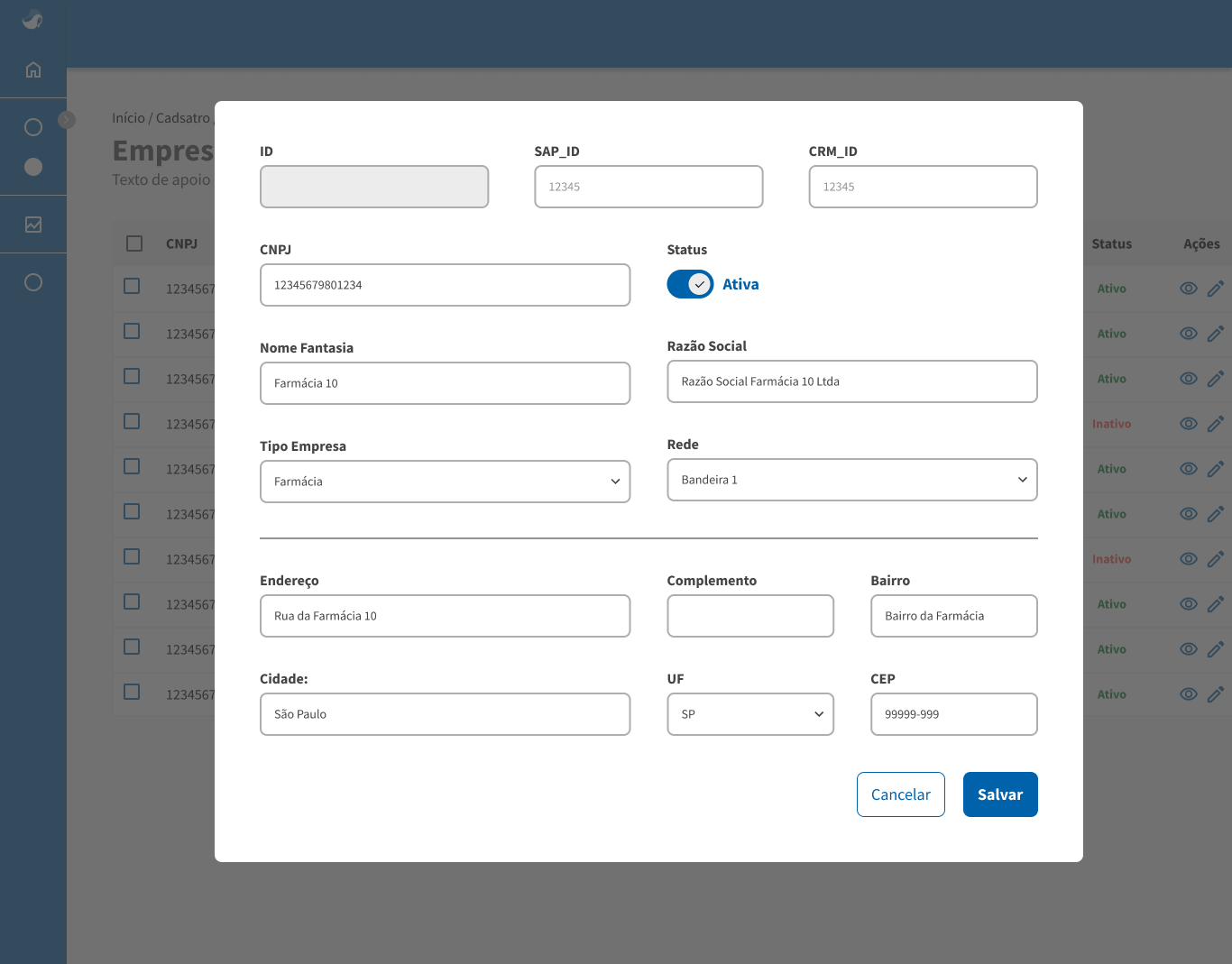 Company Registration modal over the listing — fields ID, SAP_ID, CRM_ID, CNPJ, Status, Company Type (Pharmacy), and address, with the companies table visible in the background
